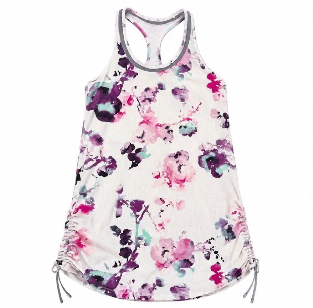 Lululemon Floral Racerback Tank Top Ruched Sides White Purple Pink Athletic Size